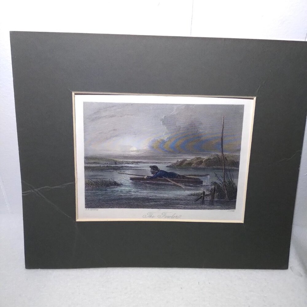 Antique J. Scott 4"x6" Colored Engraving Print "The Fowler" 1800s Duck Hunter